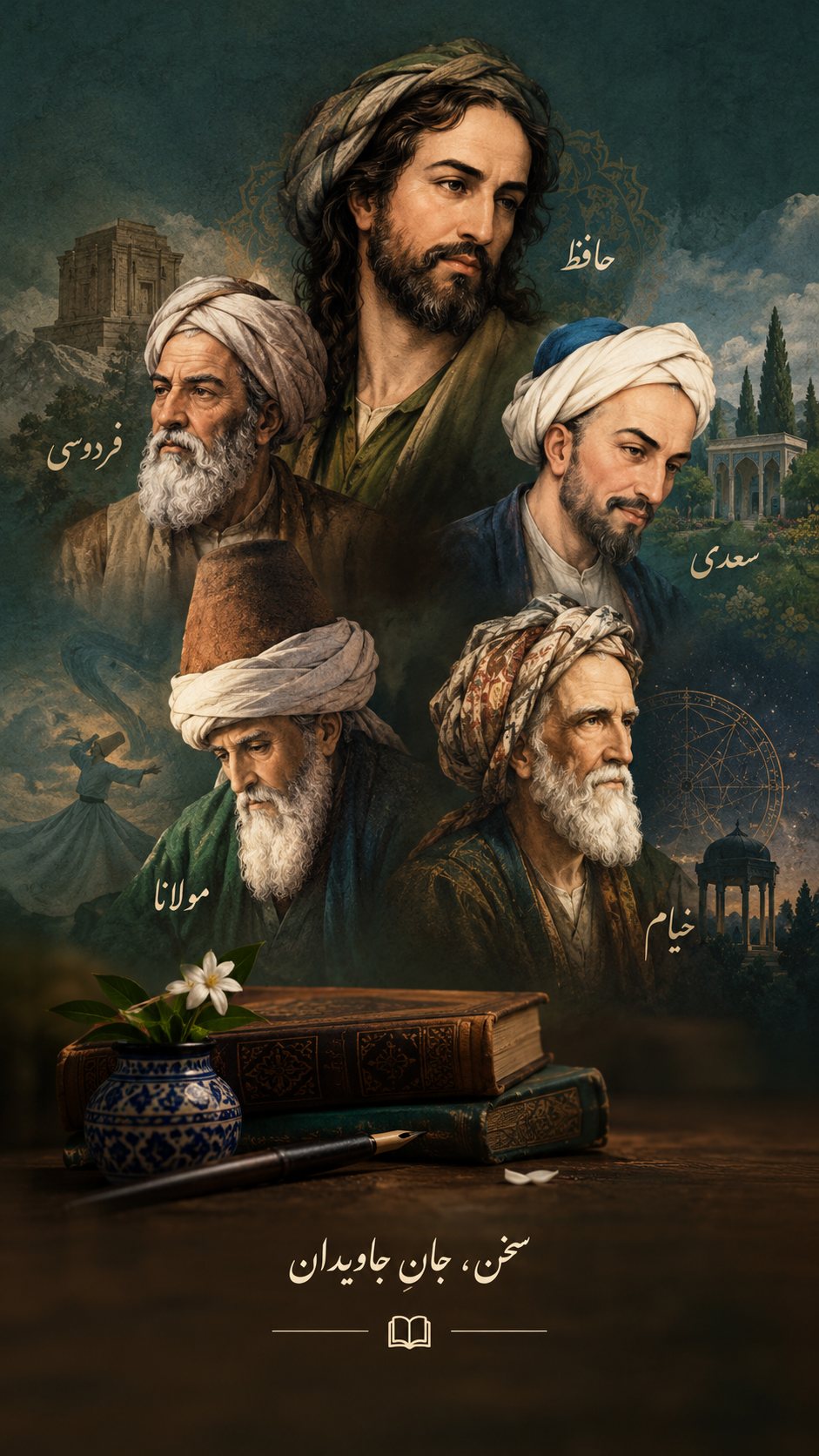 پنج شاعر بزرگ ایران: حافظ، سعدی، فردوسی، مولانا و خیام